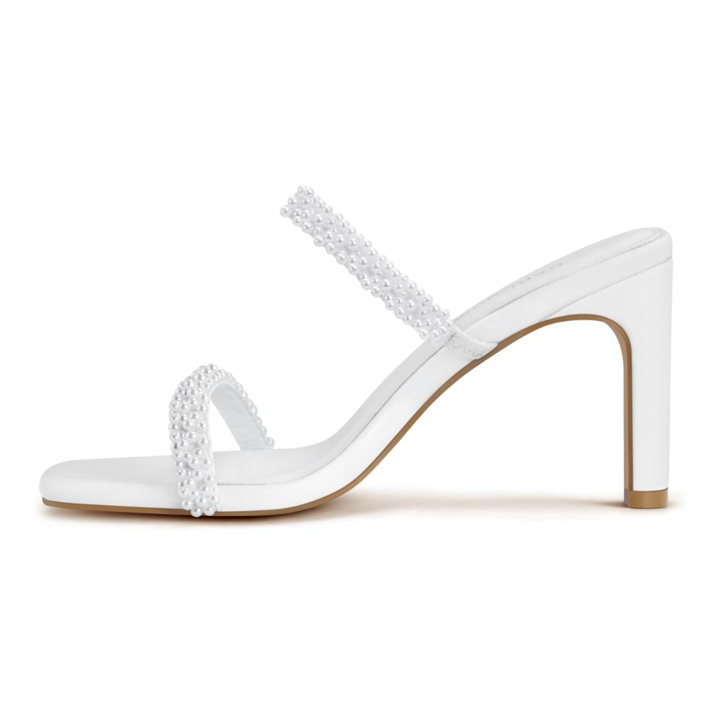Carcuume Women's Square Toe Two Strap Open Toe Block Heels Sandals Slip On Shoes,(White Pearl Size 7.5)