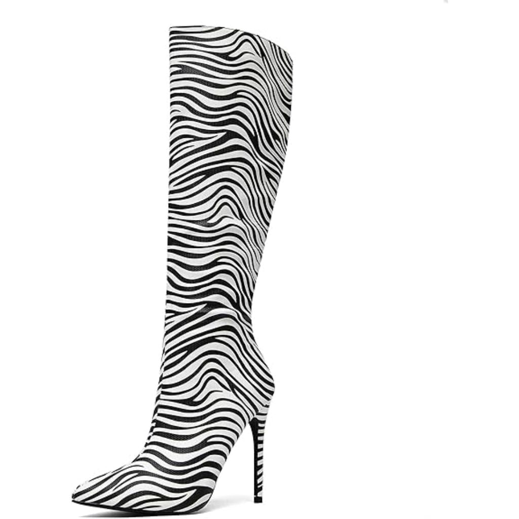 NewBella Women's Knee-High Stiletto Heel Boots - Zebra Stripe, Size 6.5