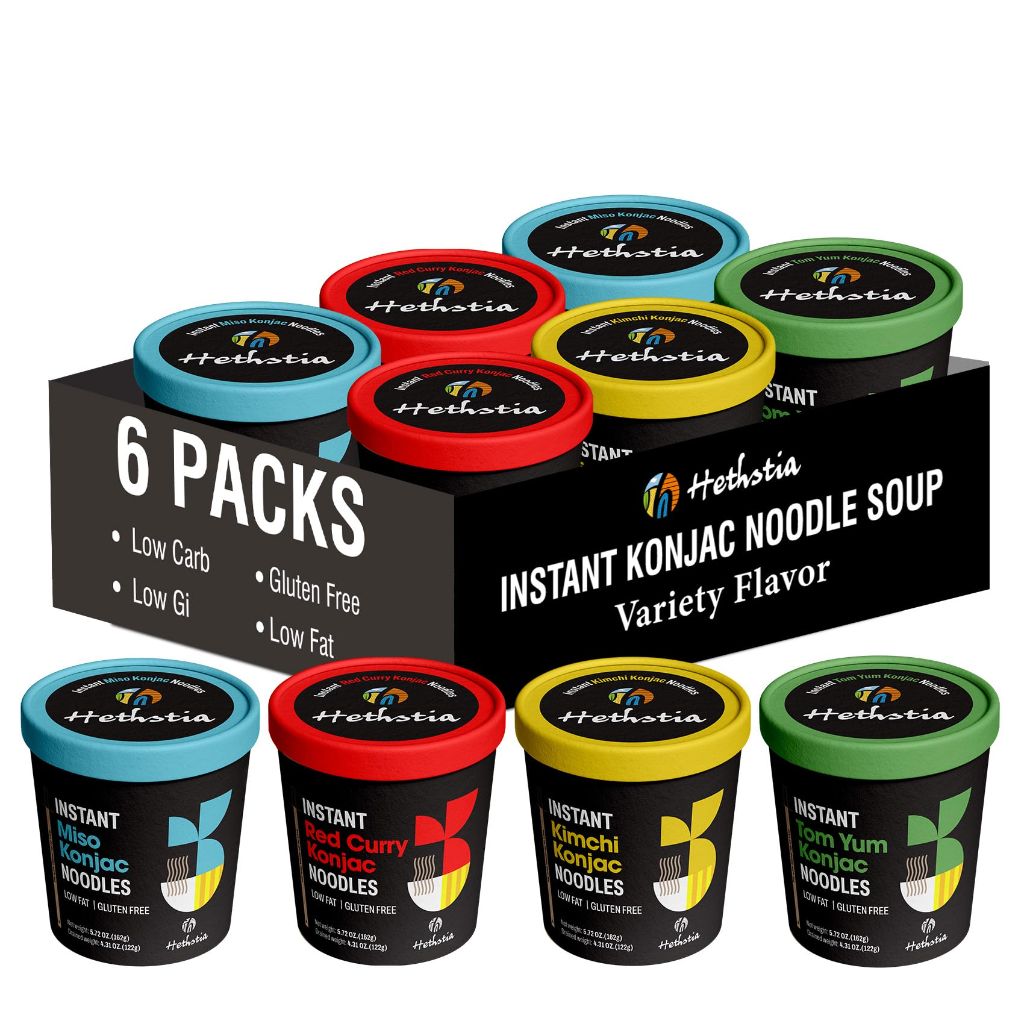 Hethstia Konjac Noodle Soup, 6-Pack Instant Shirataki Noodle Variety Pack (Spicy Red Curry, Miso, Kimchi, Tom Yum)