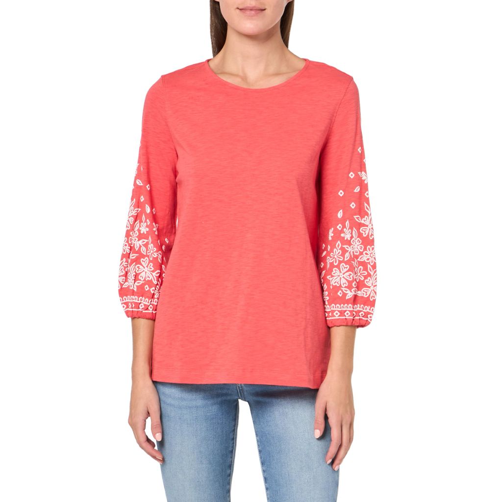 MULTIPLES Three Quarters Sleeve Scoop Neck Top, Watermelon, XS