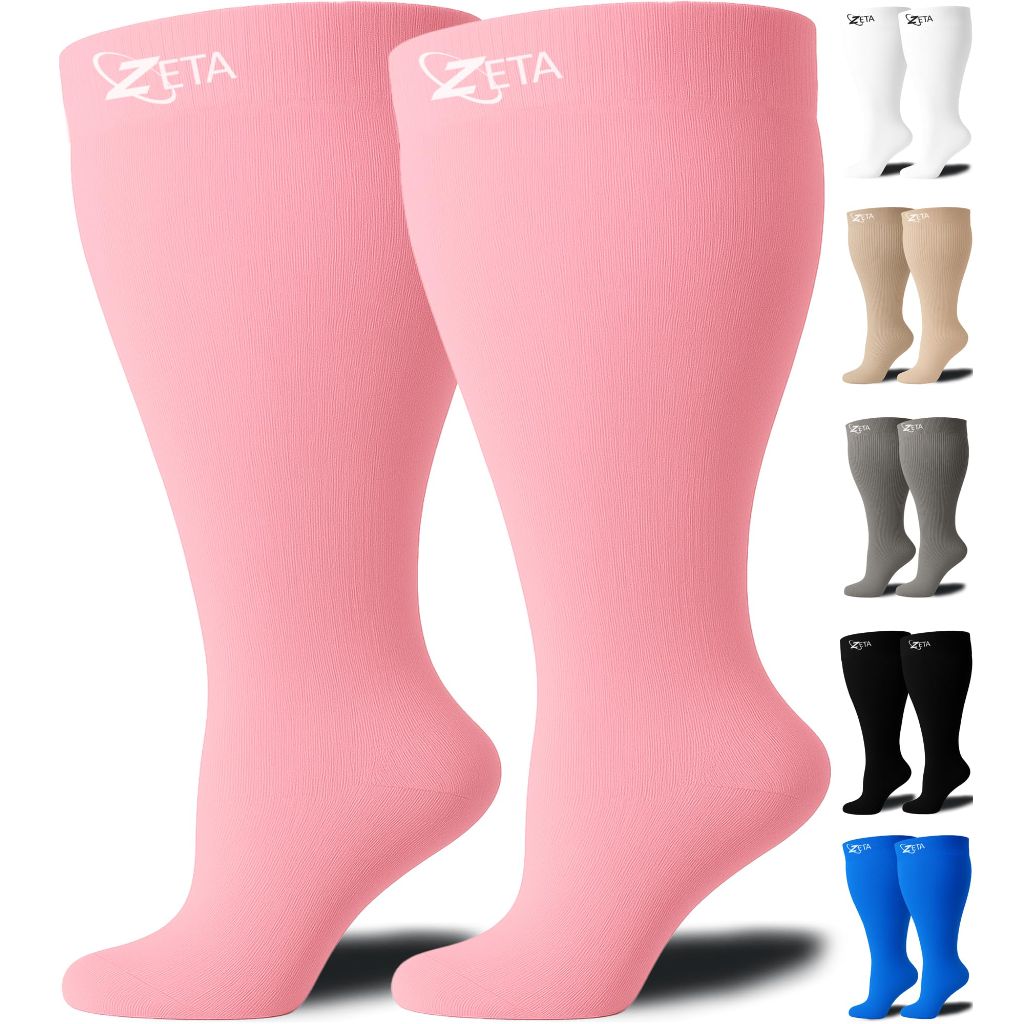SZ 3XL (Pink) Zeta Wear Plus Size Compression Socks Unisex, Wide Calf Knee-High 15-19 | Fits Calves to 26 inch / 66 cm