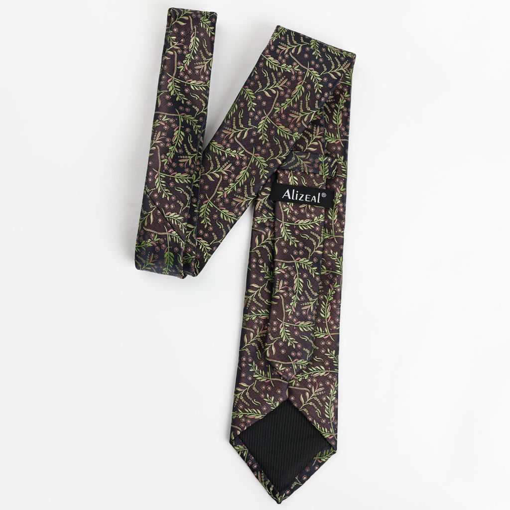 Alizeal Men's Rustic Tie with Flower Printed Handkerchief - Grass Green+Coral (3.15")