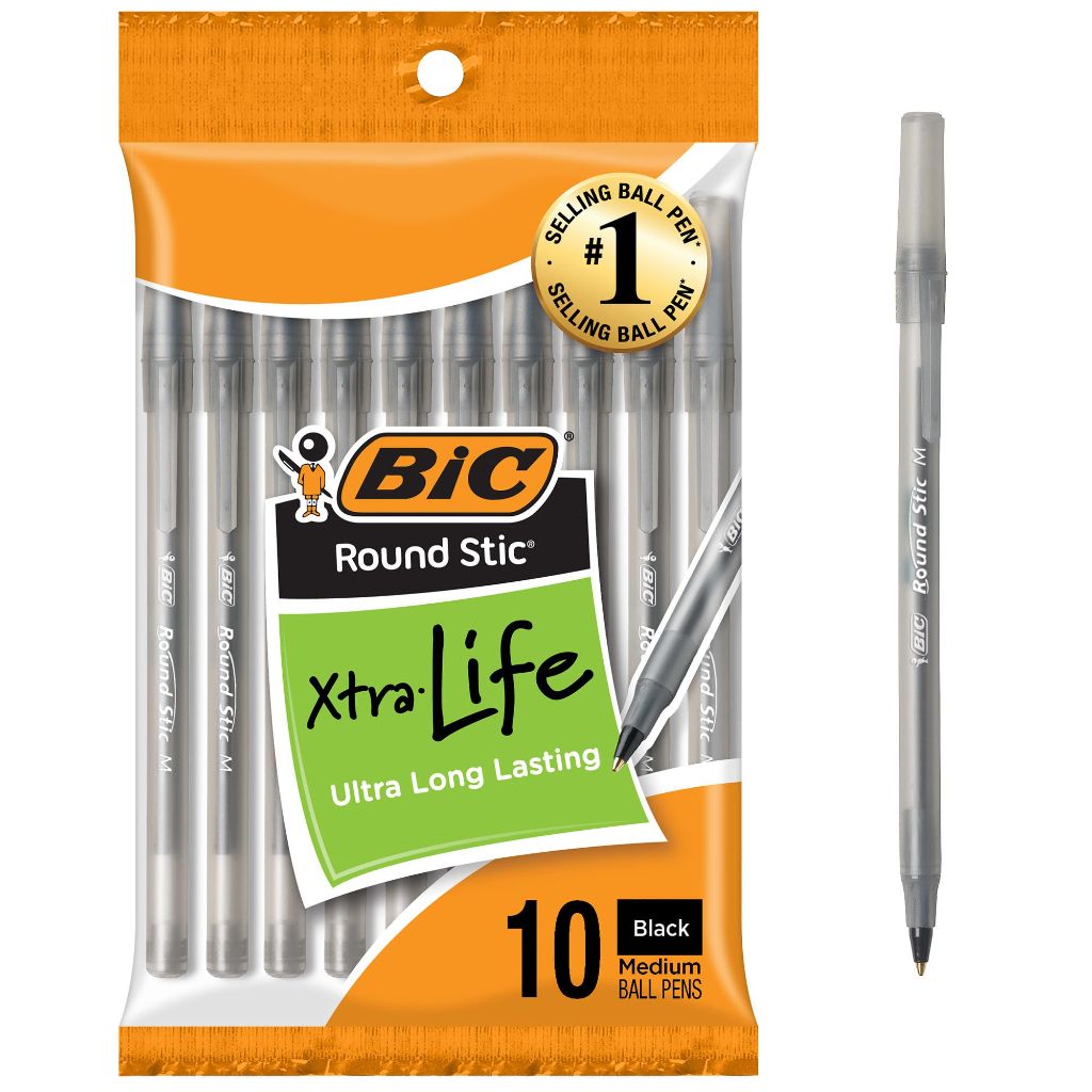 BIC Round Stic Xtra Life Ballpoint Pens, Medium Point (1.0mm), 10-Count Pack of Bulk Pens, Black