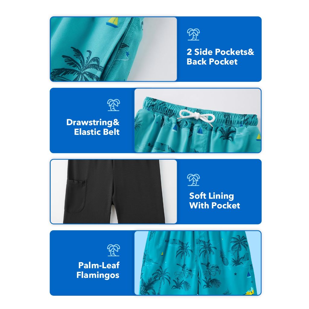 Angel season Boys Swim Trunks with Compression Liner Boxer Brief, Palm Grass Green Size 7-8 Years