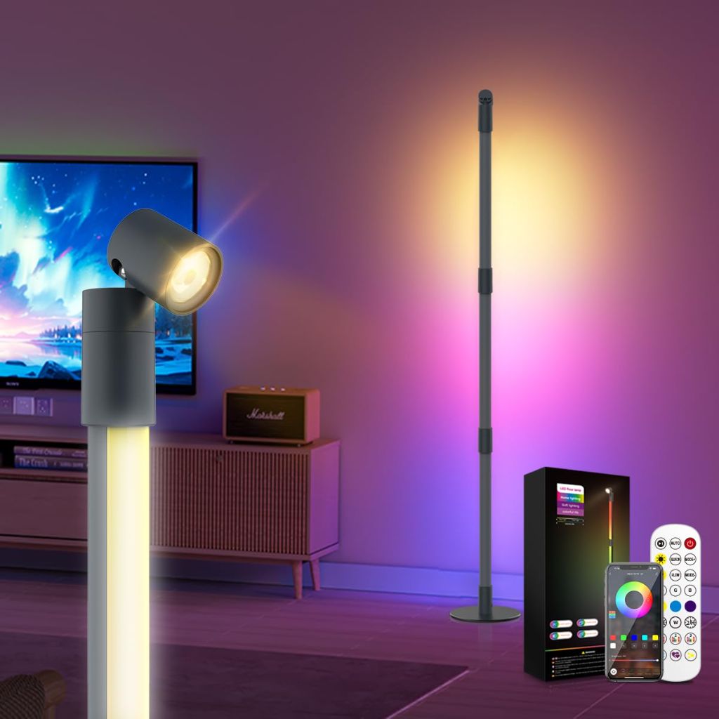 SANBEN RGB+IC Floor Lamp, Smart LED Corner Lamp with Music Sync and 16 Million DIY Colors, App & Remote Control, 360° Rotating Standing Floor Lamp with Spotlight for Bedroom Living Room