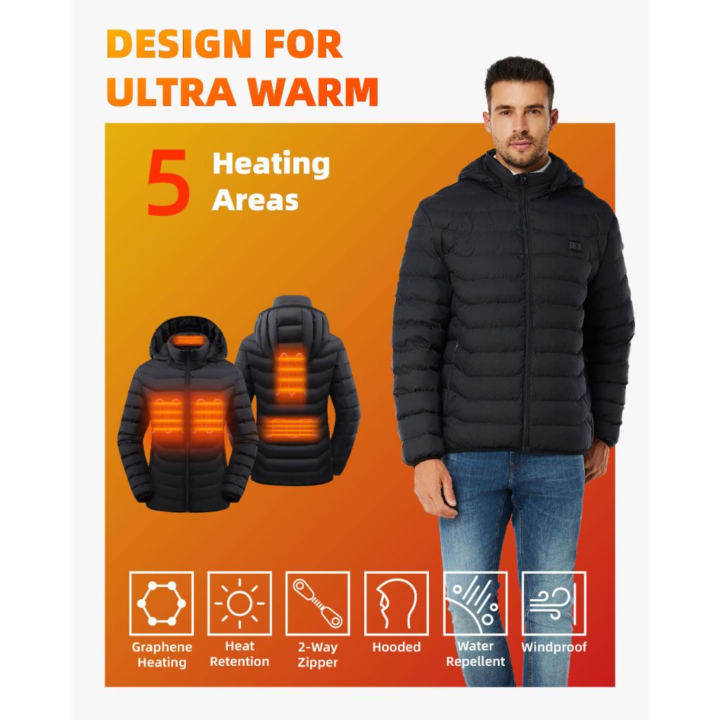 MANGOHOOYA Men's Puffer Heated Jacket - Lightweight Warm Coat for Men with Detachable Hood (Batteries not included)