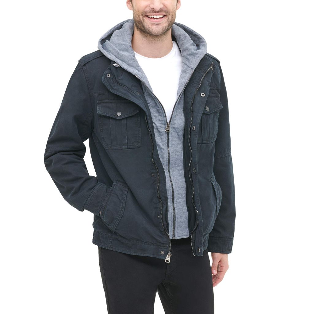 Levi's Men's Washed Cotton Military Jacket with Removable Hood, Navy, Medium