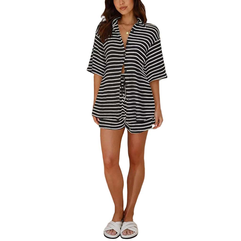 BWQ Women's Knit 2 Piece Outfits Casual Striped Button-Down Summer Set - size S