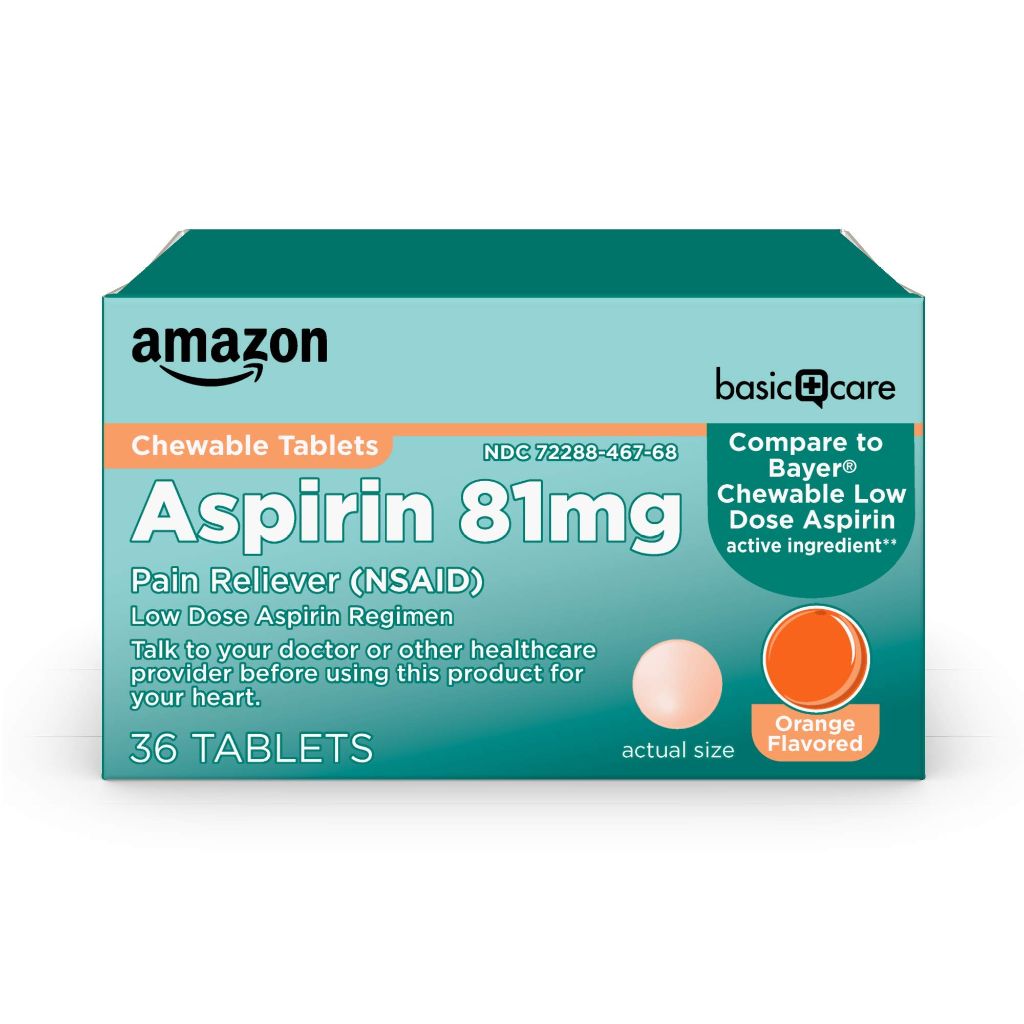 Amazon Basic Care Low Dose Aspirin 81 mg Chewable Tablets, Pain Reliever for Minor Aches, Orange Flavor, 36 Count