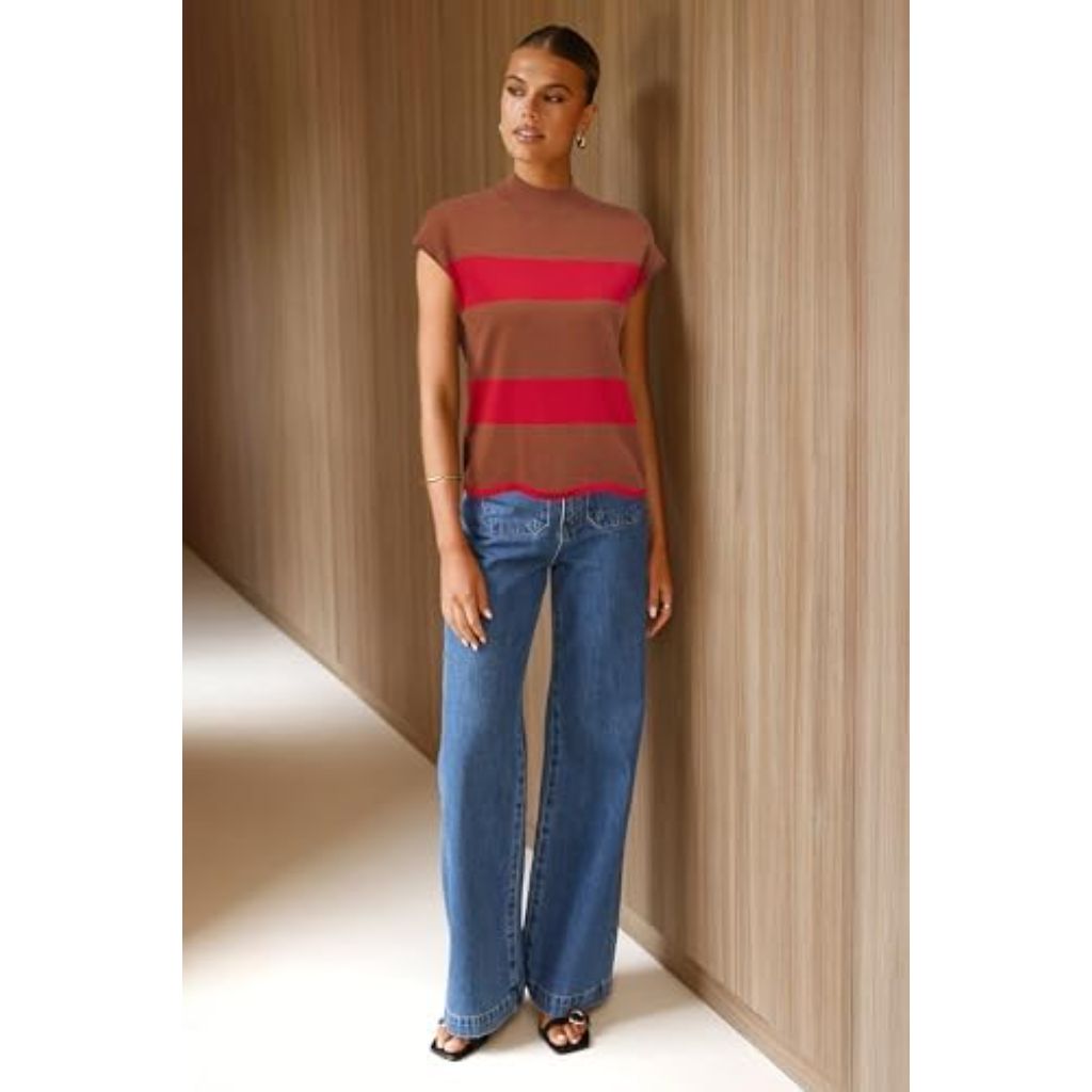 Arach&Cloz Women's Striped Cap Sleeve Tops 2025 Spring Color Block Summer Lightweight Sweater Vest Mock Neck Shirts - XL