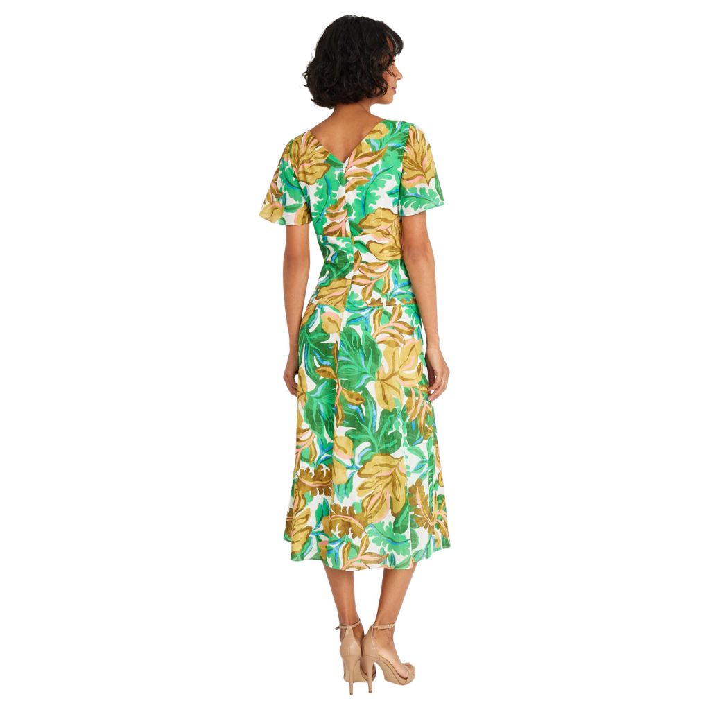 Maggy London Women's Dresses Tropical Leaf Print V-Neck Midi Dress, Soft White/Golden Olive, 14