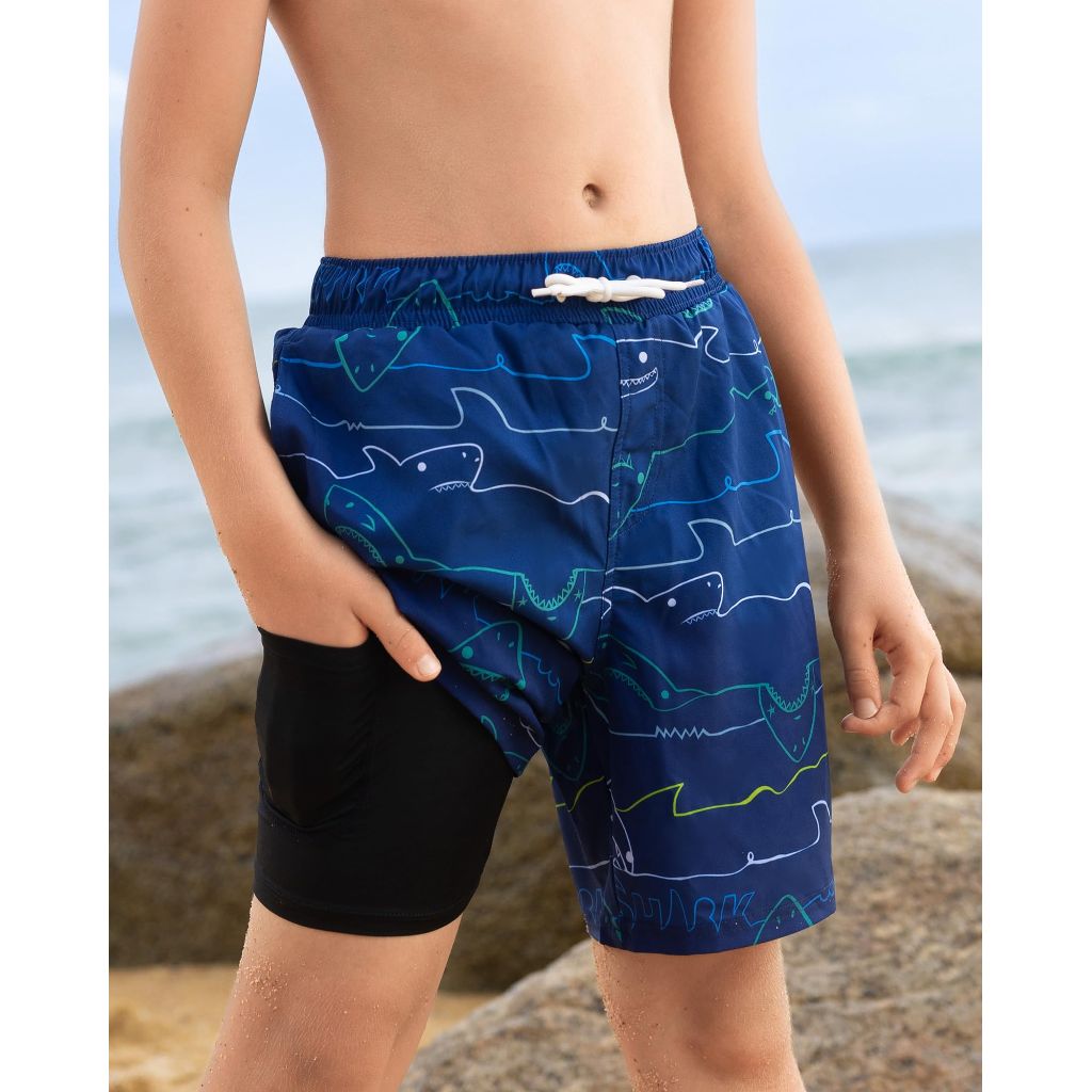 Angel season Boys Swim Trunks with Compression, Whale Blue - Size 11-12 Years