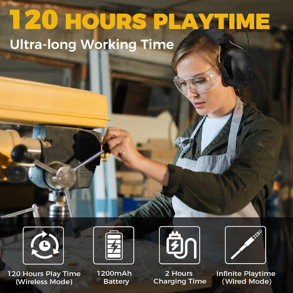 Bluetooth 5.4 Hearing Protection with 120H Working Time, 30dB Safety Earmuffs, Rechargeable Ear Protection Headphones with Mic for Mowing, Workshops, Construction, Snowblowing, Black