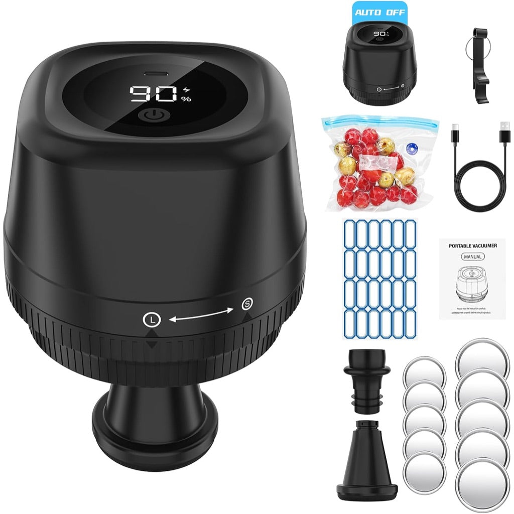 Electric Mason Jar Vacuum Sealer Kit, Tomkouni 4 in 1 Jar Vacuum Sealer for Wide and Regular Mouth Mason Jars, Automatic Stop Sealer for Jars Wine Bottle,Vacuum Bags Containers, Black