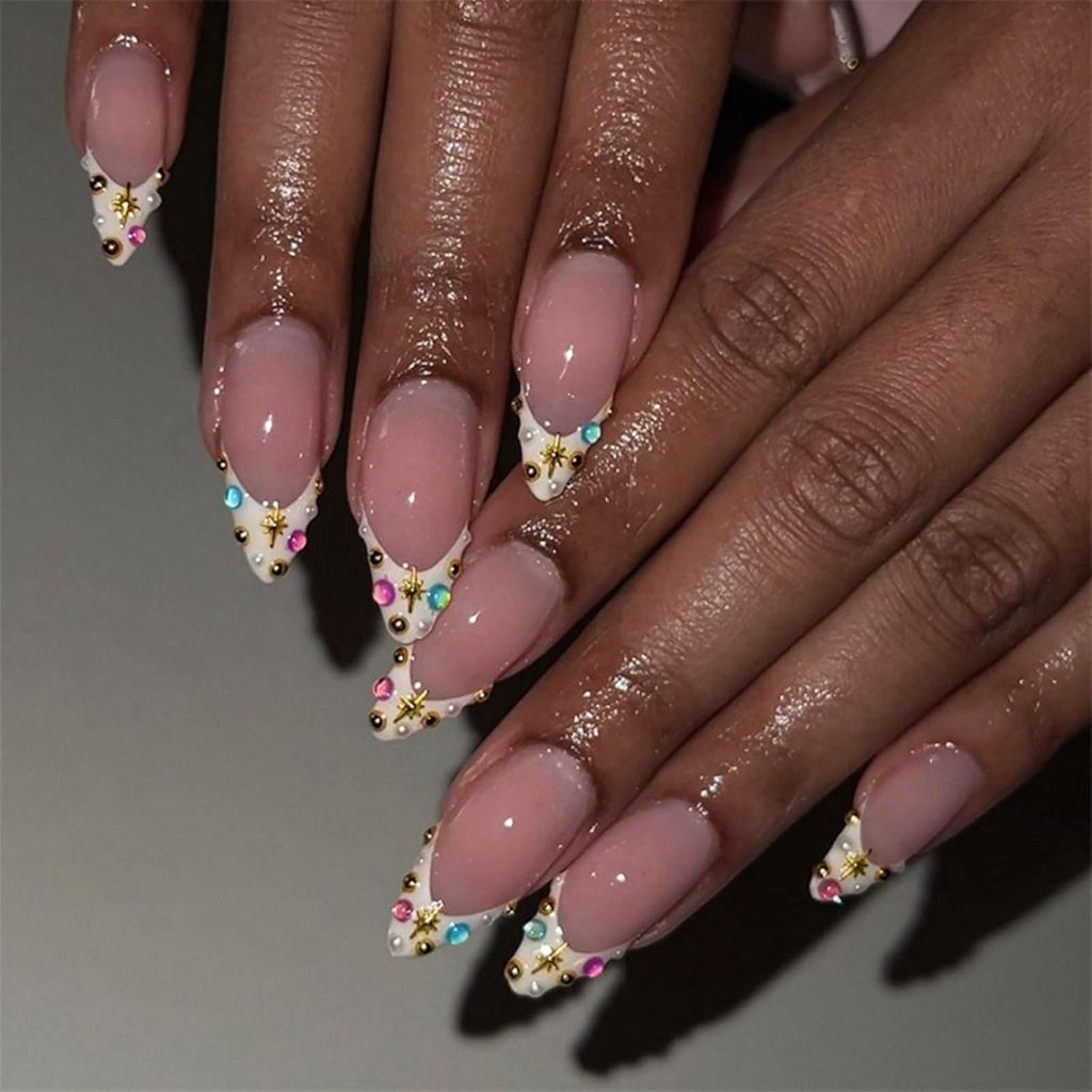 White French Tip Nail Press ons Gold with Colorful Design Rhinestone Glue on Nails Star Fake Nails Glossy False Nails Reusable Artificial Acrylic Medium Almond Stick on Nails for Women Manicure 24Pcs