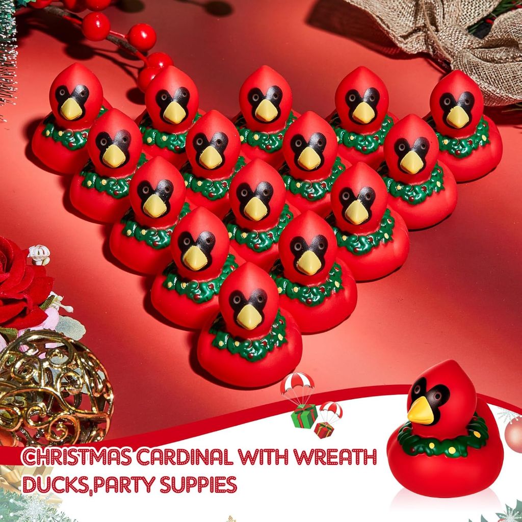 DEEKIN 50 Pcs Christmas Cardinal with Wreath Rubber Ducks 2 Inch Christmas Themed Rubber Ducks for Holiday Party Favors Seasonal Events Award Gifts