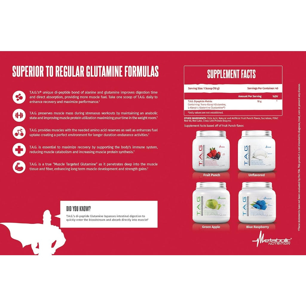 Metabolic Nutrition TAG Trans Alanyl Glutamine, 100% L-Glutamine Peptide Powder - Unflavored, 40 Svgs.