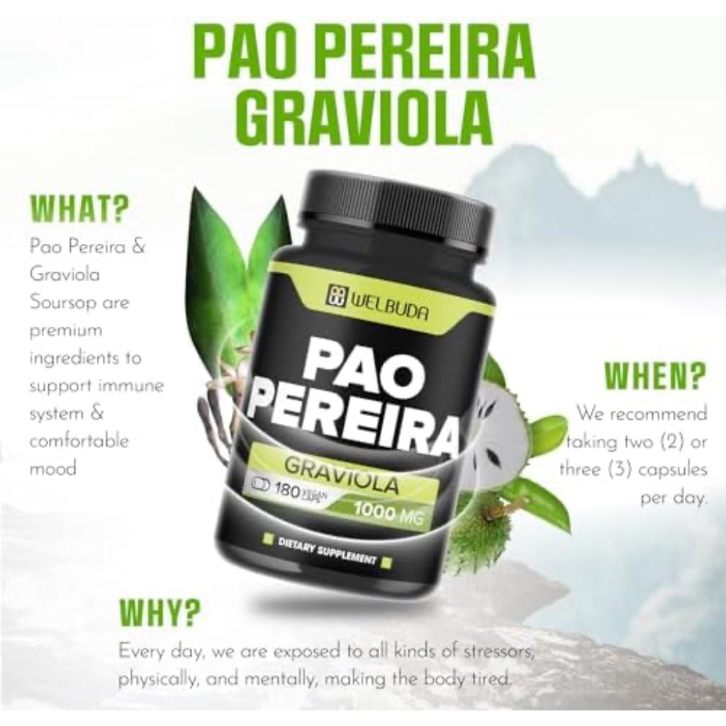 180 Capsules - 600mg Pao Pereira Herb Extract 10:1 with 400mg Graviola Soursop - Combined Formula for Immune System, Comfortable Mind, Body Management & Strength Support