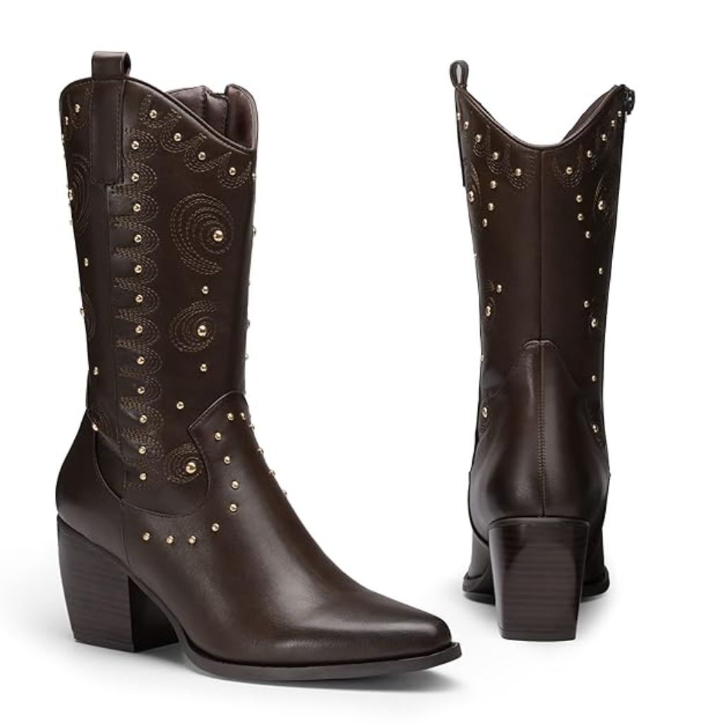 DREAM PAIRS Women's Western Cowgirl Pull-on Mid Calf Boots, Brown, 8.5