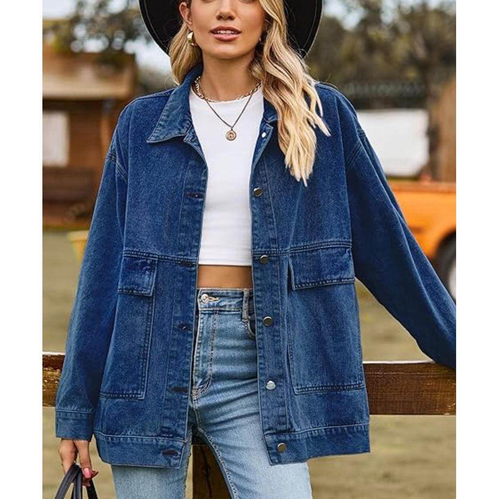 PAODIKUAI Women's Oversized Denim Jacket - Dark Blue, Size Small