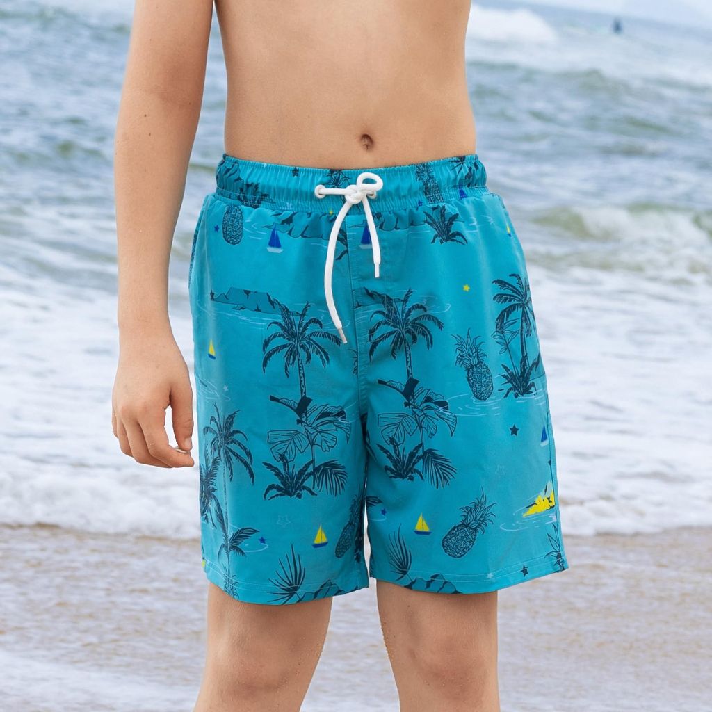 Angel season Boys Swim Trunks with Compression Liner Boxer Brief, Palm Grass Green Size 7-8 Years