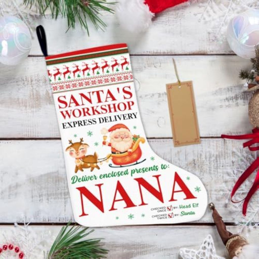 Mukjyuyi Nana Christmas Stocking, Burlap Christmas Stocking Gifts for Grandma, Santa's Workshop Xmas Stocking Fireplace Hanging Stockings for Family Holiday Christmas Decorations