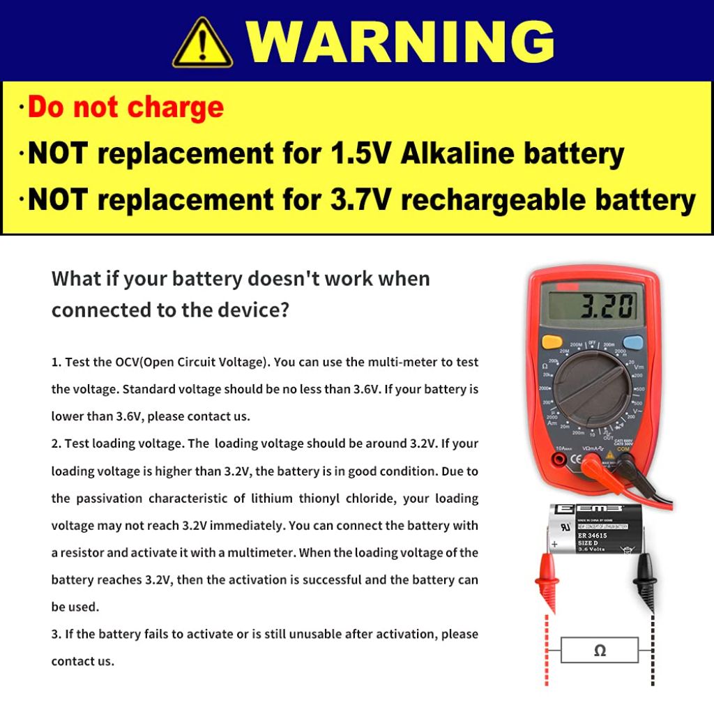 EEMB (4Pk) 3.6V D Cell Batteries | D Size Lithium Batteries 19000mAh