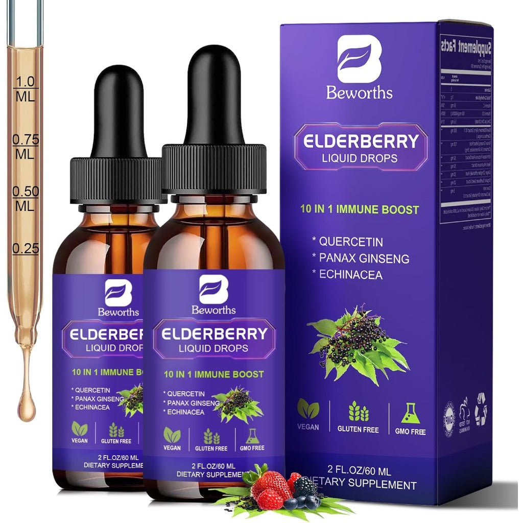 Black Elderberry Syrup with Quercetin, Panax Ginseng, Vitamin C, Zinc for Immune Support - 2 fl. oz. (2 Pack)