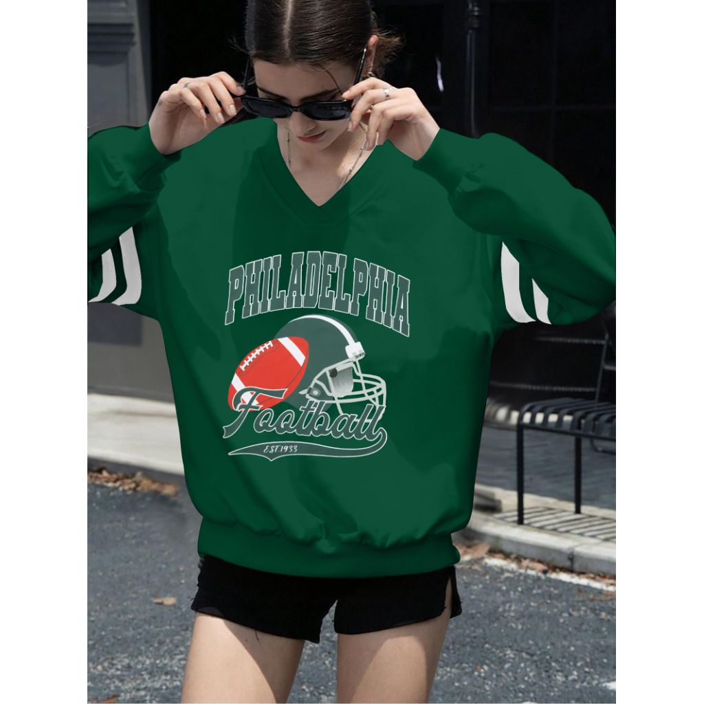 SZ L, ASTANFY Game Day Sweatshirt Women Sequin Football - Green