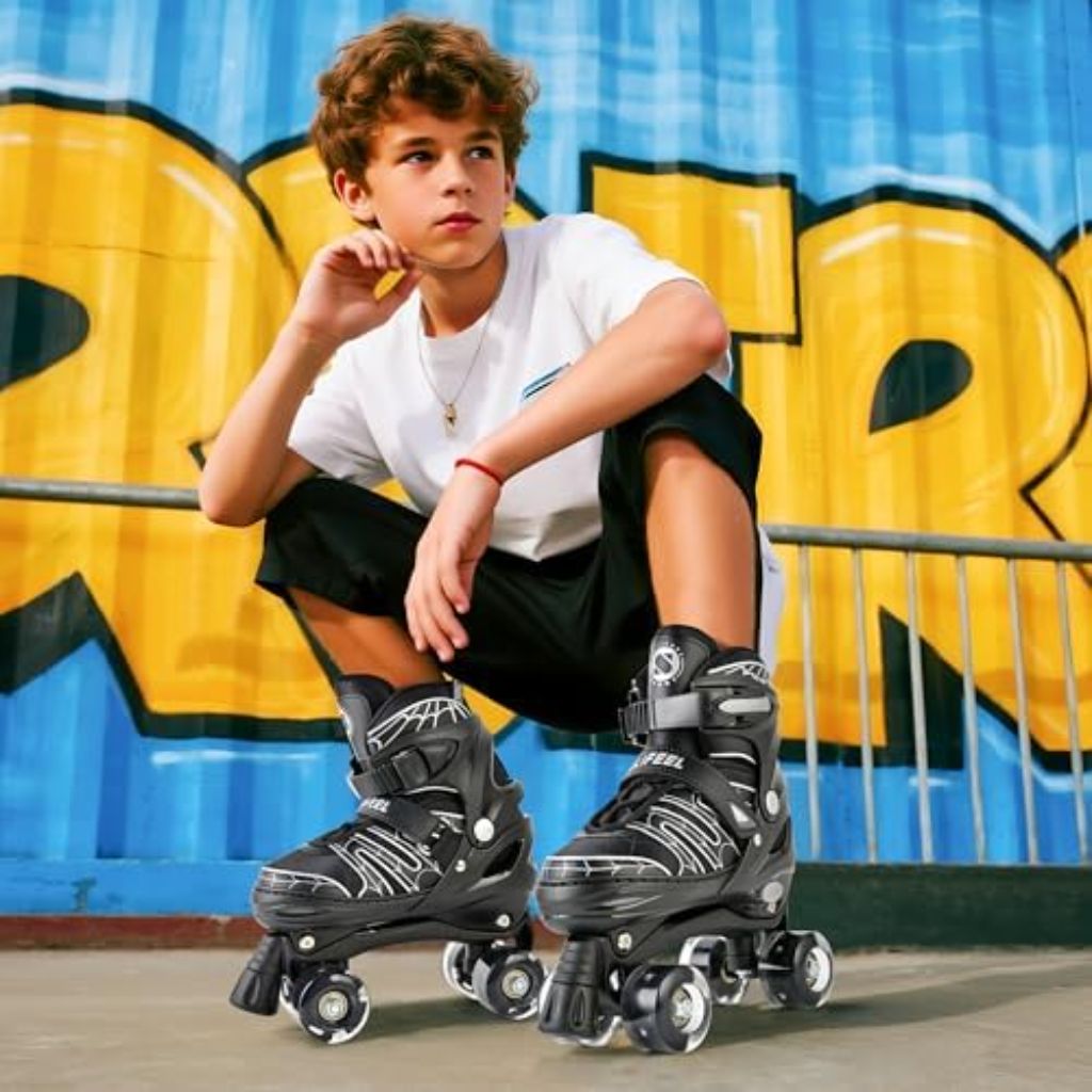 SULIFEEL Adjustable Kids Roller Skates with 4 Sizes, Light up Wheels - Spider Black, Medium (13C-3) *Damaged Box*