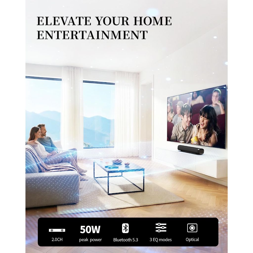 Jierben 50W Sound Bar with Bluetooth 5.3, Optical/AUX/HD ARC Inputs