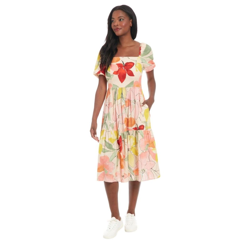 London Times Women's Floral-Print Square-Neck Puff MIDI Dress - Orange, Coral