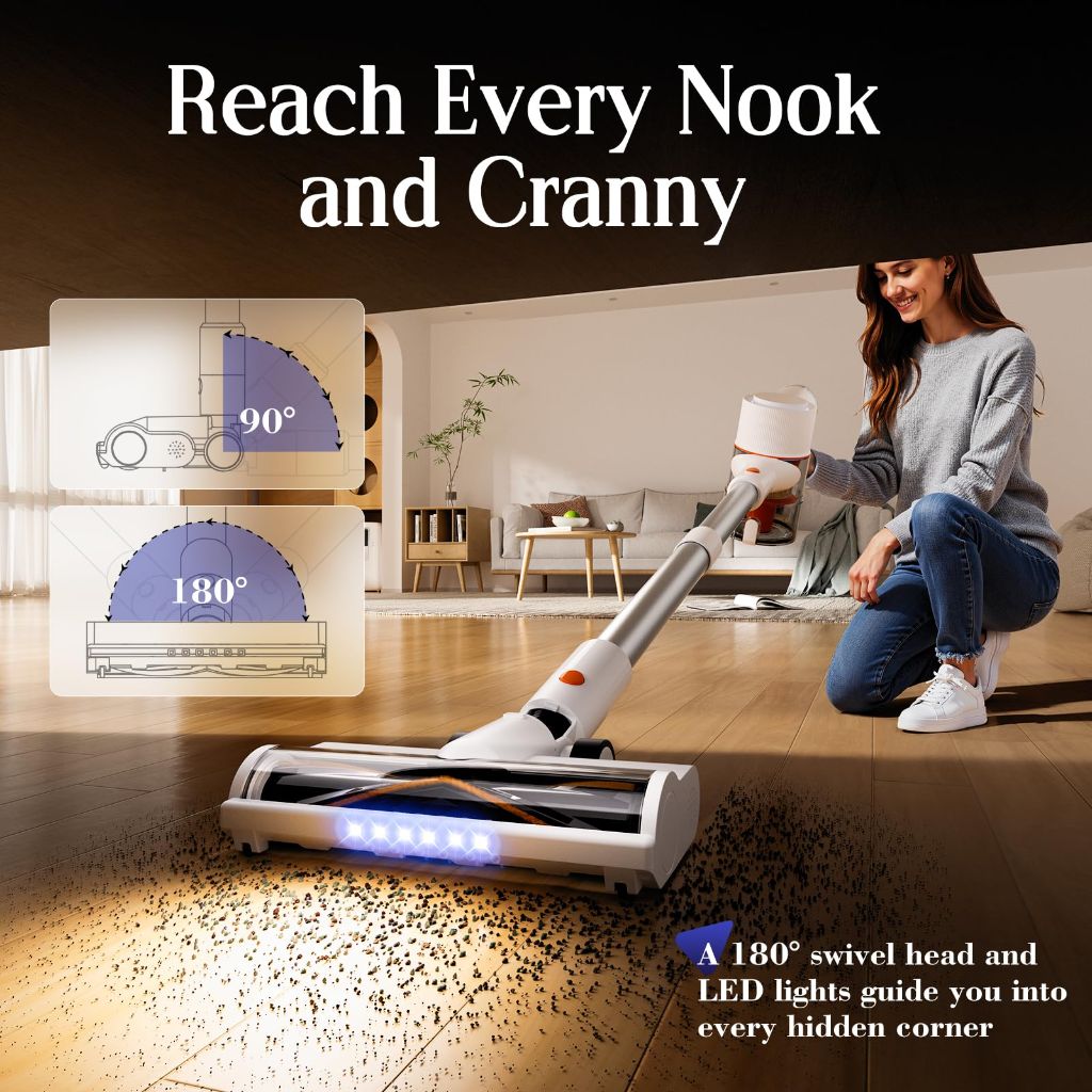 Cordless Vacuum Cleaner, Stick Vac with LED Touch Screen, 45KPA Powerful Suction