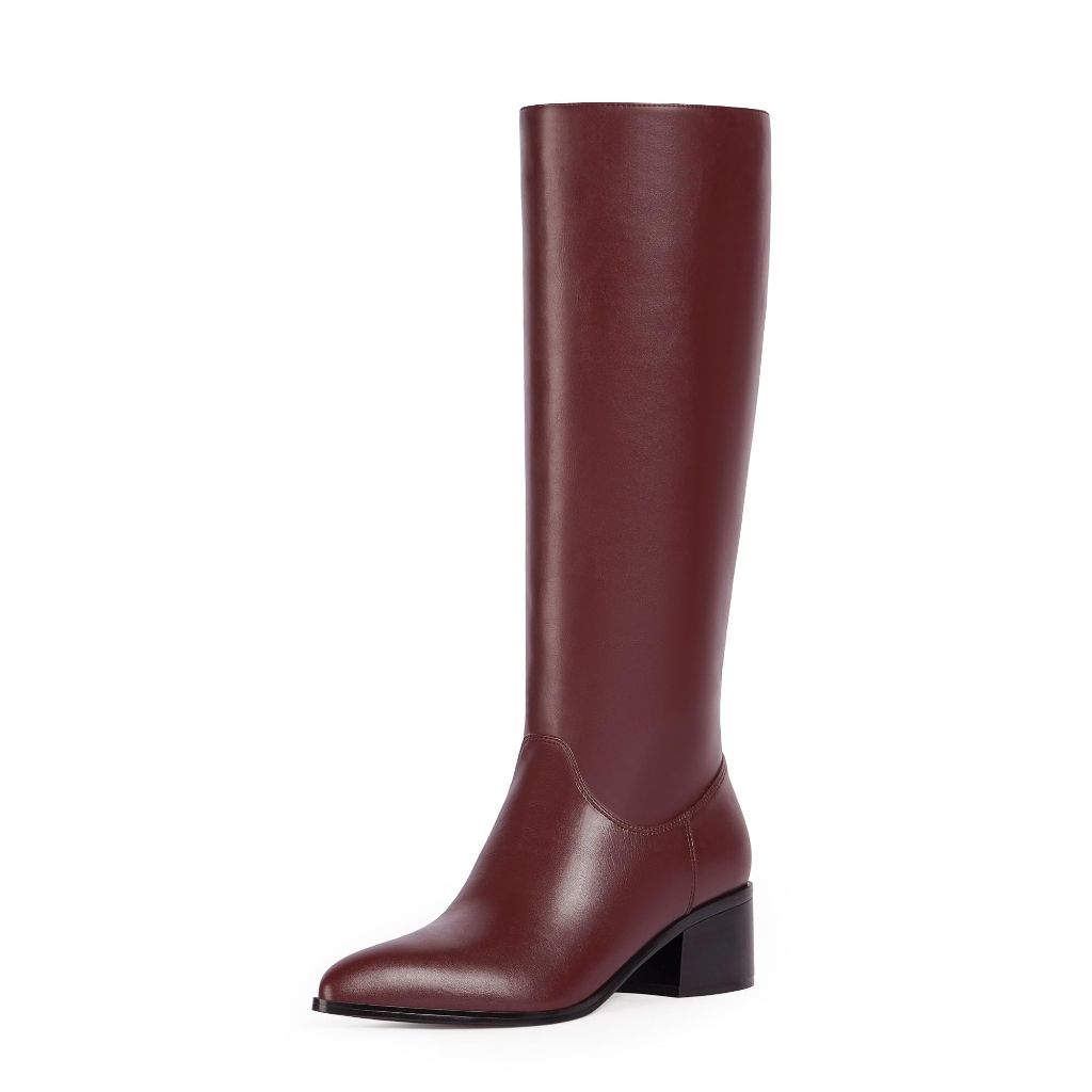 Modatope Knee High Burgundy Riding Boots for Women Low Block Chunky Heel Long Boots Fashion Pointed Toe Fall Tall Boots Size 7