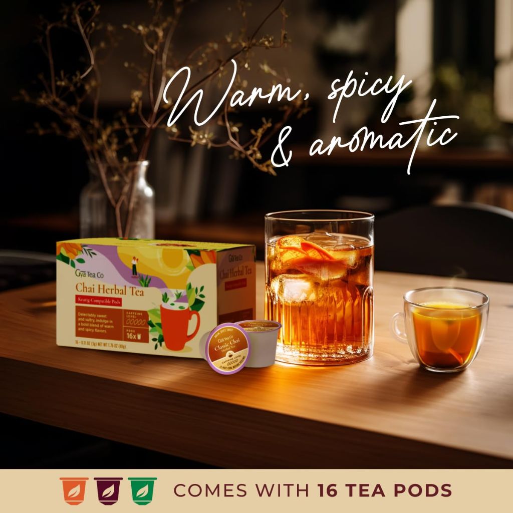 Gya Tea Co Chai Herbal Tea Pod (16 Count)- Decaf Wellness Tea for Body Comfort & Relaxing