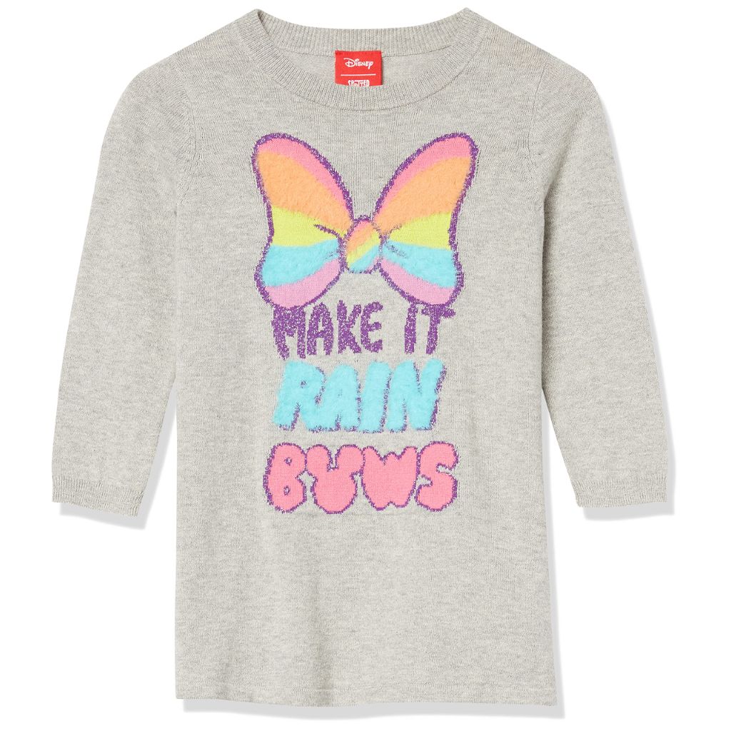 SZ S, Amazon Essentials Disney Girls' Cotton Crew Neck Sweater Dress , Minnie rainbow