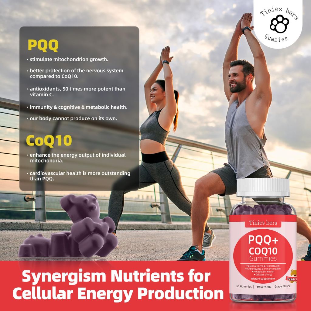 PQQ Gummies Supplement 40mg, CoQ10 Gummies 100mg for Adults, Grape, 60