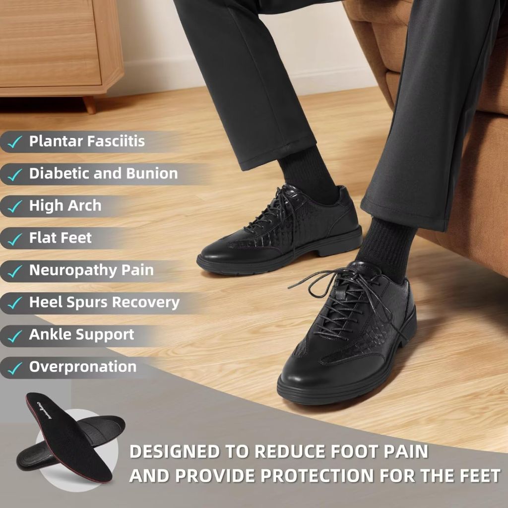 Men's Orthopedic Leather Dress Walking Shoes: Soft Flat Feet Plantar Fasciitis Diabetic Cap Toe Business Modern Shoes, Comfort Plantar Fasciitis Ankel Foot Pain Relief Travel Sneakers Black Size 11.5