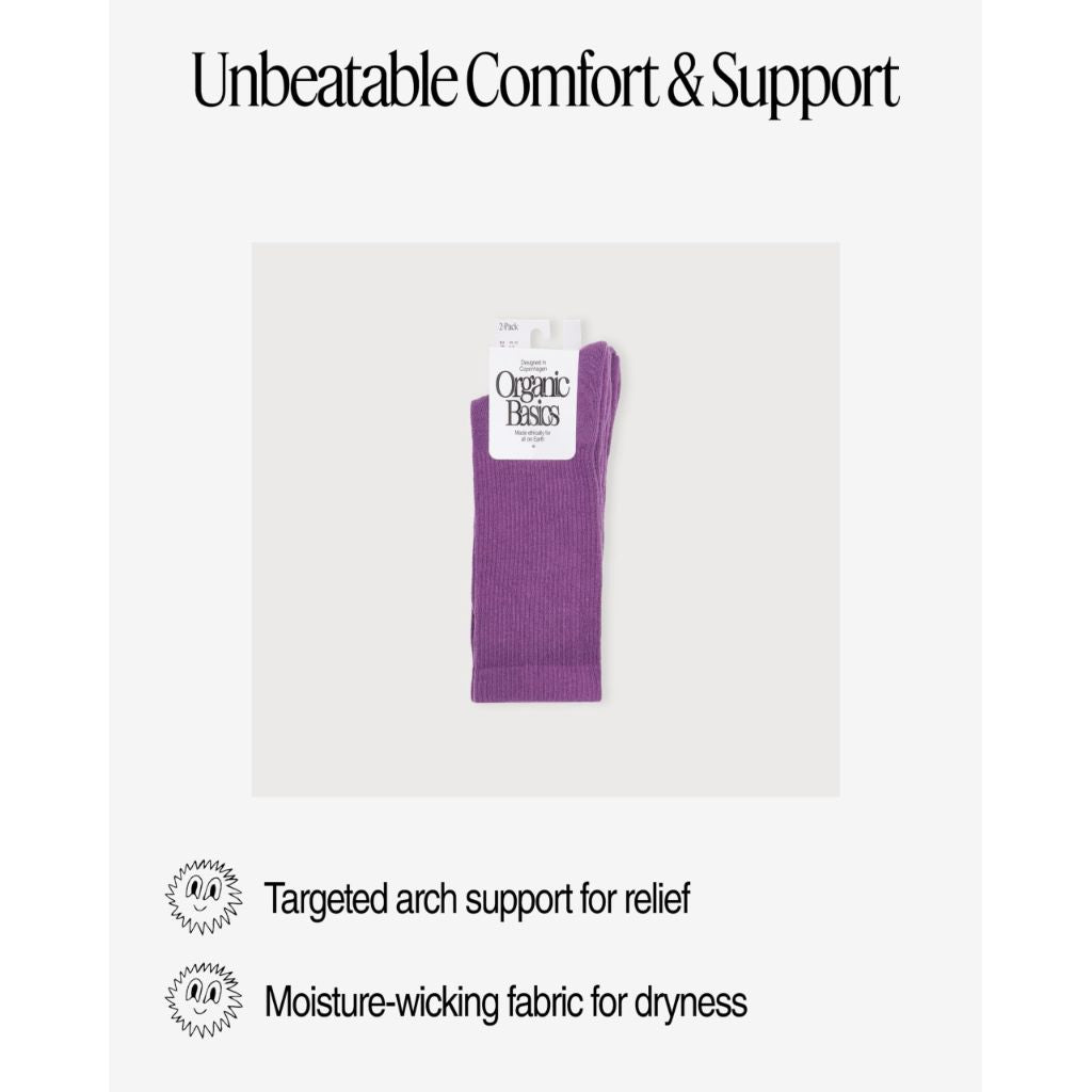 SZ 10-12 Organic Basics Unisex Core Tennis Crew Socks 2-pack, Aubergine,