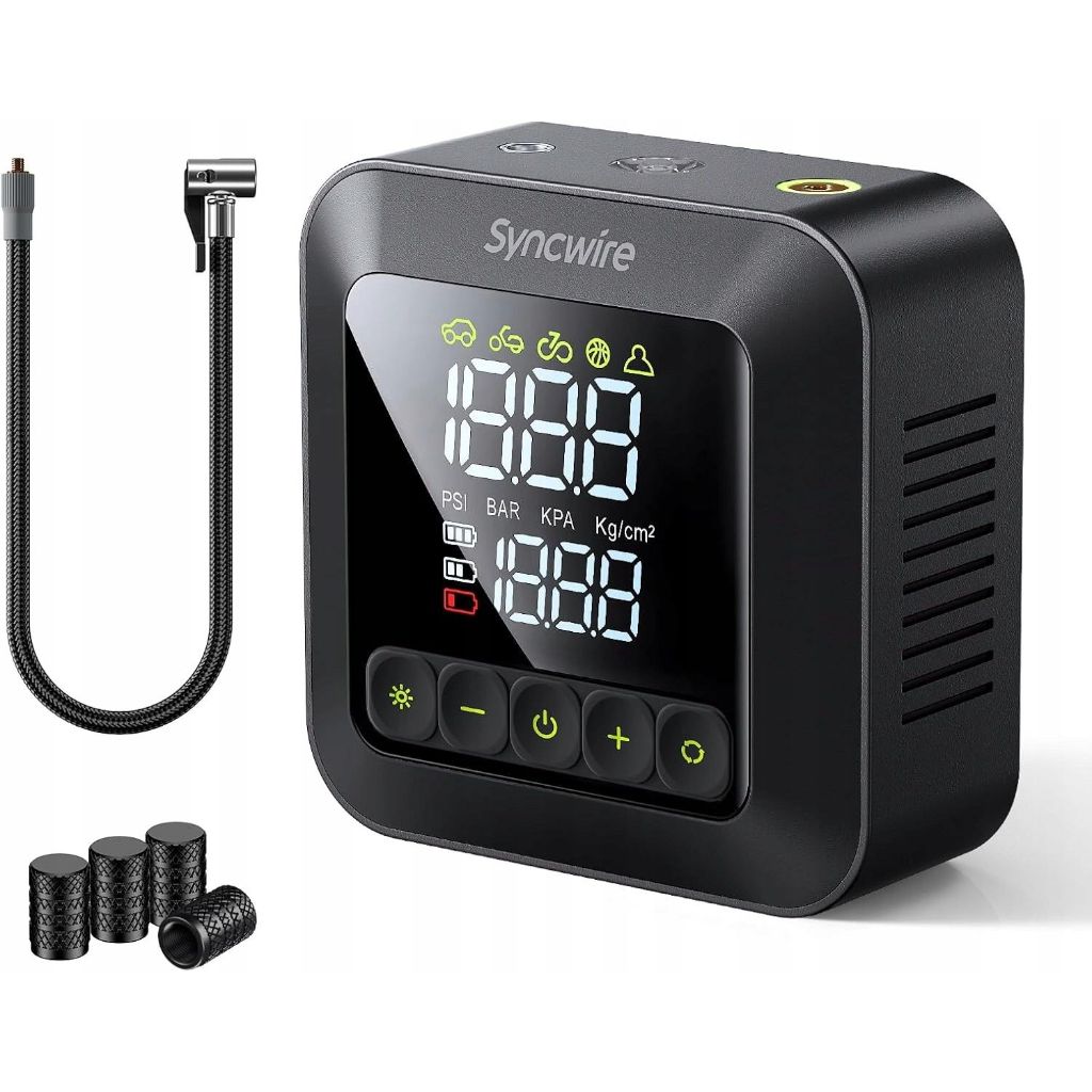 Syncwire Tire Inflator Portable Air Compressor 150 PSI Digital Pressure Gauge 28 Mm Single-Cylinder 3x2600 MAh  Auto Stop LED - Carbon Fiber