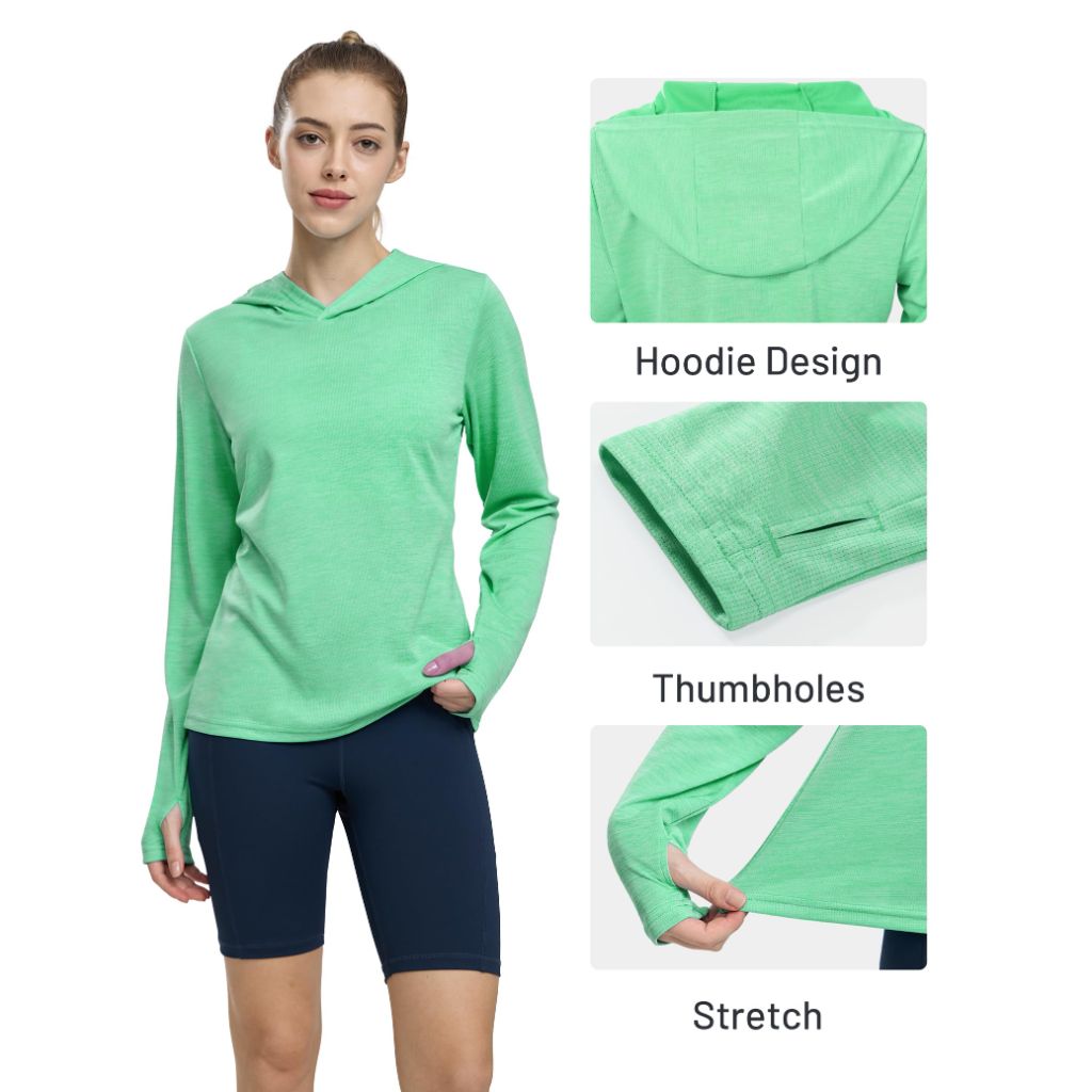 MIER Women's Long Sleeve Fishing Shirt with Hood, Heather Light Green, Size L