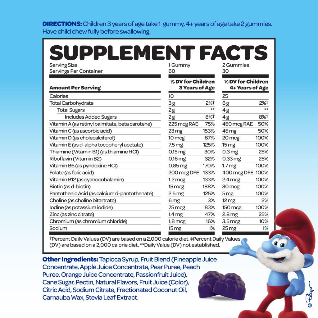 Smurfs Kids Multivitamin Gummies with 15 Vitamins & Minerals | Made with Real Fruit | | 60 Gummies
