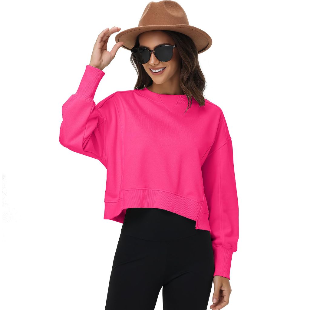 ATOFY Women's Cropped Crewneck Sweatshirts Long Sleeve Oversized Sweatshirt Pullover Fall Crop Top Outfits(Rose,XL)
