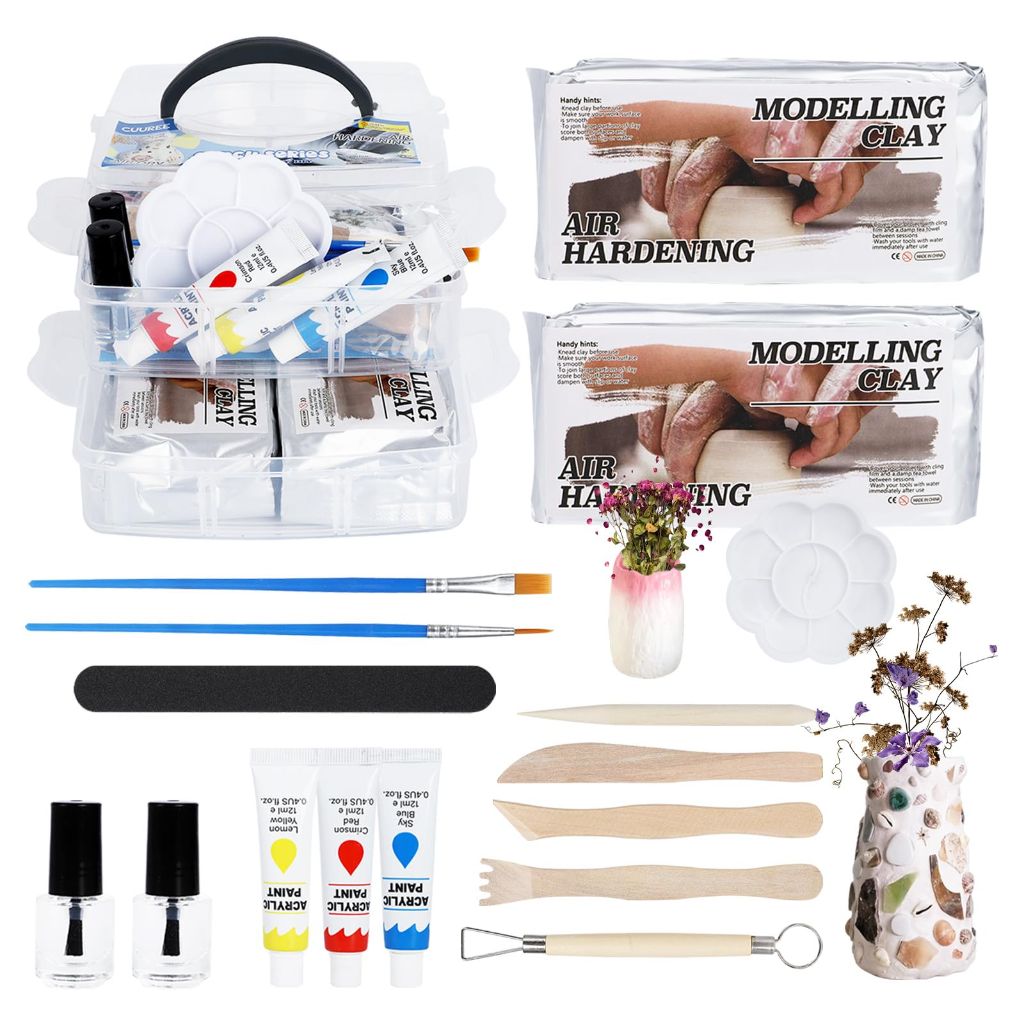 CUUREE Air Dry Clay Kit for Adults Home Pottery Kit for Beginners DIY Crafts Kit Set Includes: Air-Dry Clay Tools Paints Brushes Varnish Guides