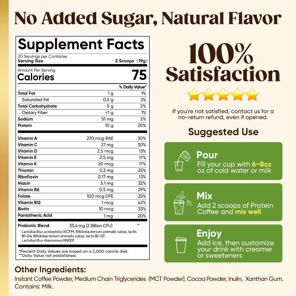 Sugar Free Protein Coffee – Cold Brew Mocha Iced Coffee, 70mg Caffeine | 20 Servings