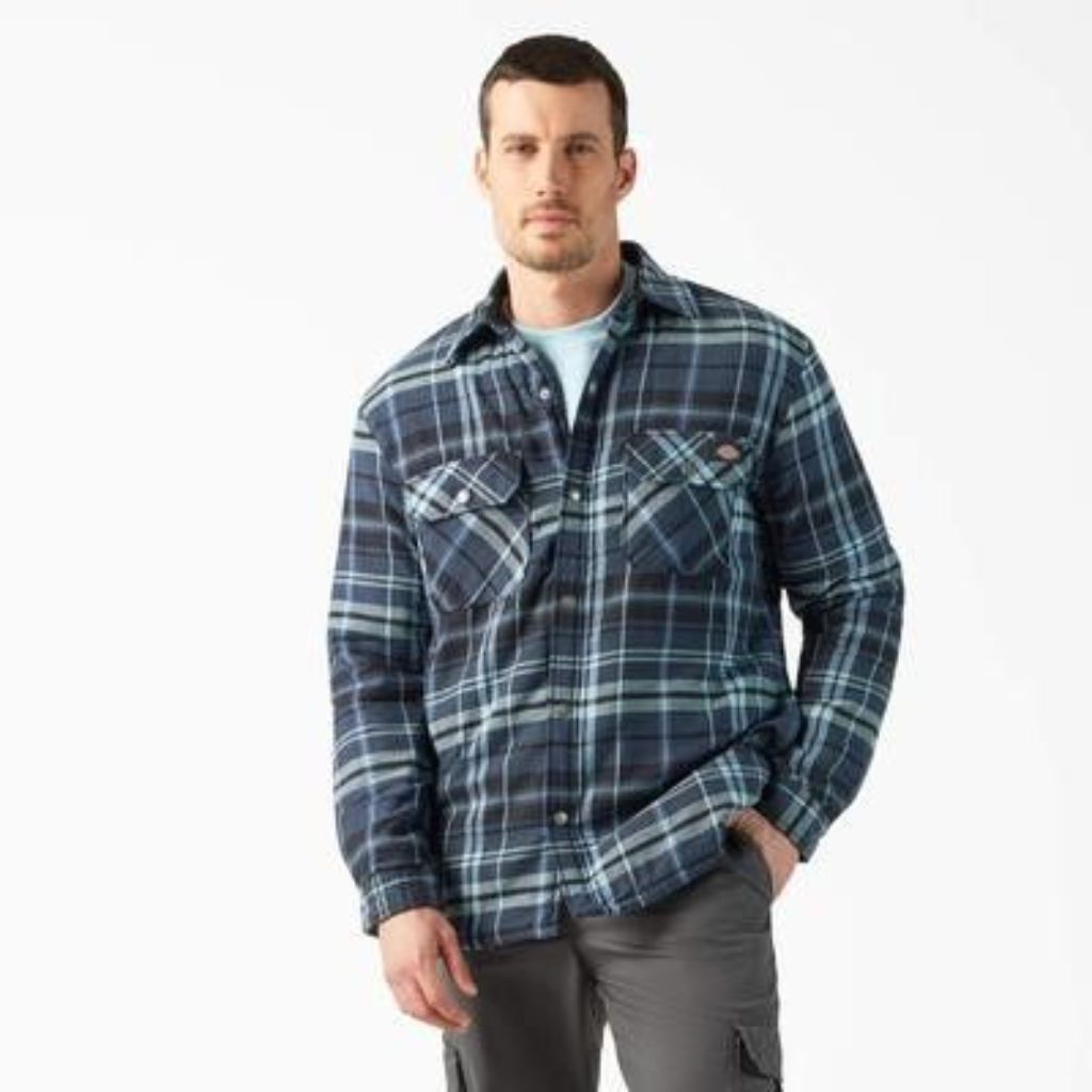 Dickies Men's Water Repellent Fleece-Lined Flannel Shirt Jacket - Dark Navy, Size Large