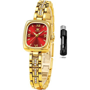 OLEVS Ladies Square 23mm Watch, Red Dial, Gold-Tone Stainless Steel Bracelet