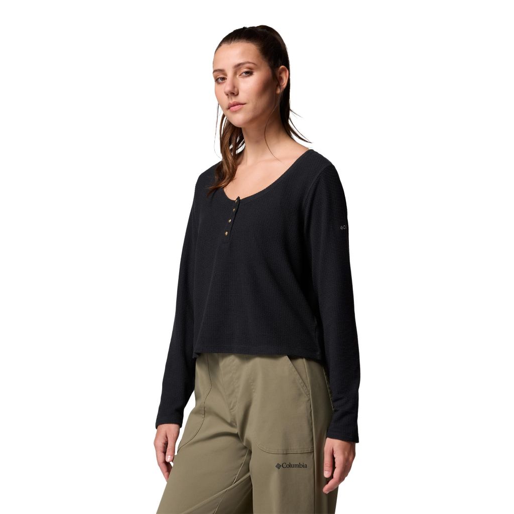 Columbia Womens Brea Falls Grid Henley Long Sleeve, Black, Large