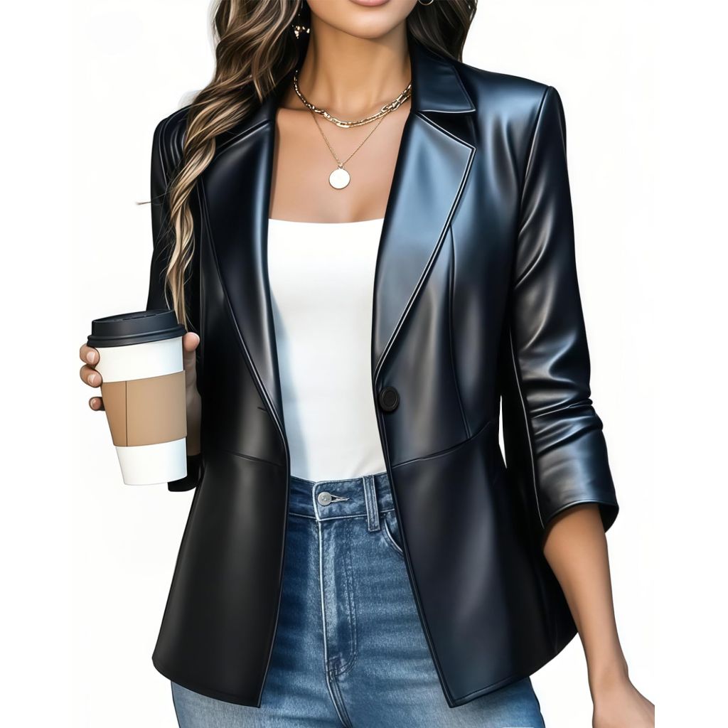 Women Faux Blazer Leather Dress Fit Suit Jacket Formal Coat, All Black