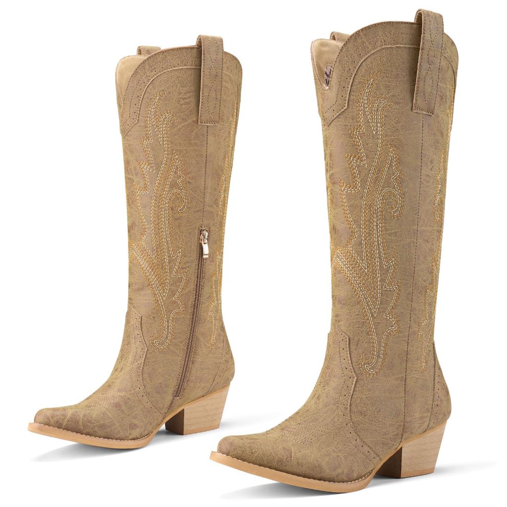 Rollda Women's Embroidered Knee-High Western - Brown Suede, Size 9.5